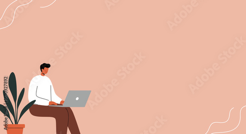Modern illustration of a man focused on his laptop, embodying remote work, digital productivity, and online learning. Ideal for business and lifestyle themes.
