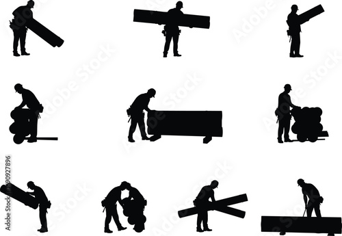 Silhouettes of construction workers handling building materials, carrying wood planks, moving heavy loads, lifting beams, transporting construction supplies, and performing manual labor tasks at work.