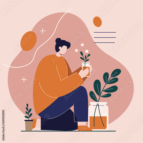 Person propagating plants at home, a serene hobby promoting sustainable living and connection with nature. Ideal for lifestyle and eco-friendly themes.