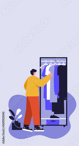 Person thoughtfully choosing an outfit from a modern wardrobe, representing daily fashion, personal style, and the lifestyle of making choices.