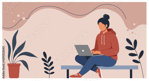Young person in casual attire using a laptop, symbolizing remote work, online learning, or a modern digital lifestyle.