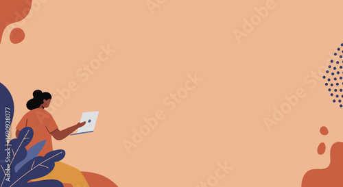 Illustration of a person working or learning remotely with a laptop against an abstract, artistic background. Represents productivity, digital lifestyle, and online education concepts.