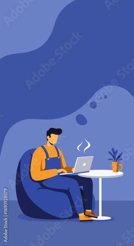 Person working remotely on laptop from a comfortable bean bag chair at home, highlighting flexible modern work and digital lifestyle.