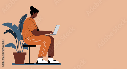 Stylish illustration of a person focused on their laptop, representing remote work, online education, or freelance lifestyle.