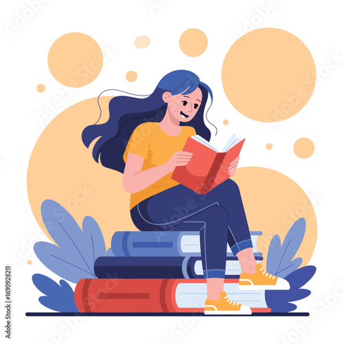Young Woman Sitting on Stack of Books – Reading a Red Book with Focused Expression, Casual Clothing, and Relaxed Pose in Educational or Study Environment