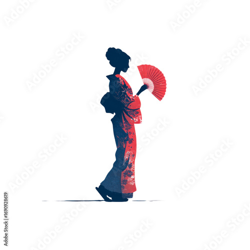 Elegant Silhouette of a Woman in a Kimono with a Hand Fan