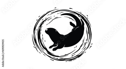 Playful otter silhouette gracefully swimming in a circular water ripple effect