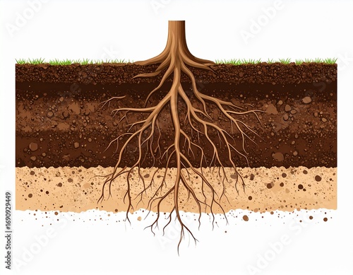 Cross-section view showcasing tree roots penetrating diverse soil layers.