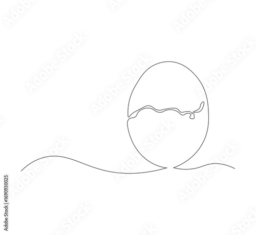 Draw one continuous line of a cracked egg shell. white background. One line organic farming products concept. Editable outline
