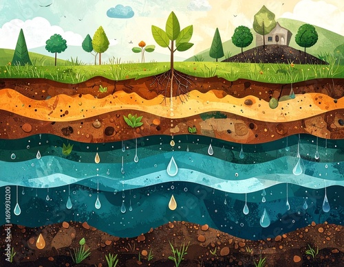 Cross-section illustration of soil layers with a growing plant, house, and water table.