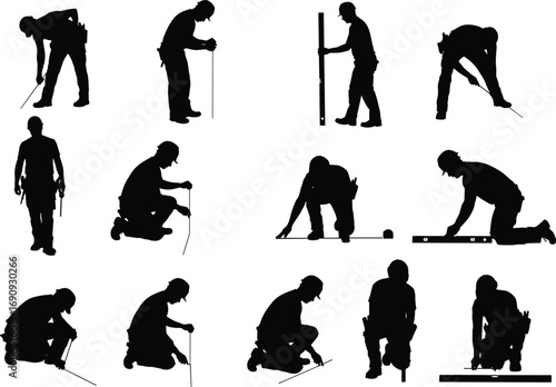 Silhouette construction workers measuring ground level with tape, string and tools, kneeling and standing positions, teamwork, accuracy, and safety on construction project site.