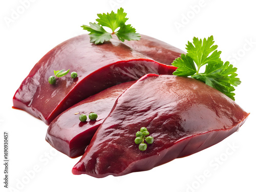 Raw pork liver meat on a white background with fresh herbs