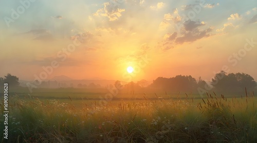 Golden sunrise illuminates misty fields and gentle rolling hills, creating a serene natural landscape