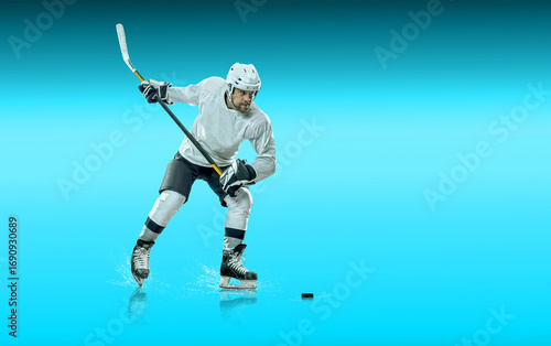 Ice Hockey Players in Action Under Neon Lights. Dynamic pose and intense atmosphere highlight the energy of the sport. Competition, teamwork, modern sports aesthetics.
