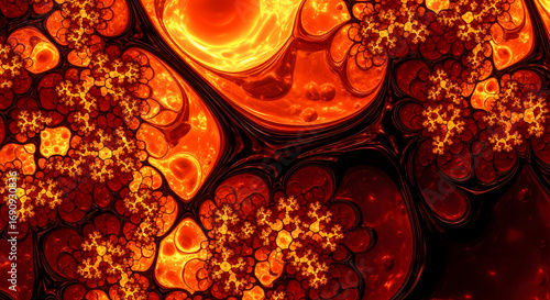 Vibrant abstract fractal art featuring intricate, glowing patterns resembling molten lava or cellular organisms in fiery red and orange hues