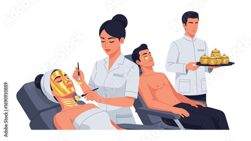 Professional spa treatment for a woman receiving a luxurious gold facial mask application while a man relaxes nearby and a waiter serves food