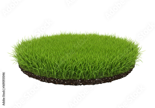 Circular cut of green grass with soil base, isolated on white. Ideal for gardening, landscaping, or ecological concepts.
