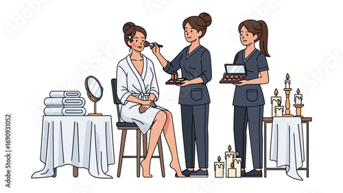 Professional makeup artist applying makeup to a woman in a robe with a beauty technician holding a tablet and beauty products