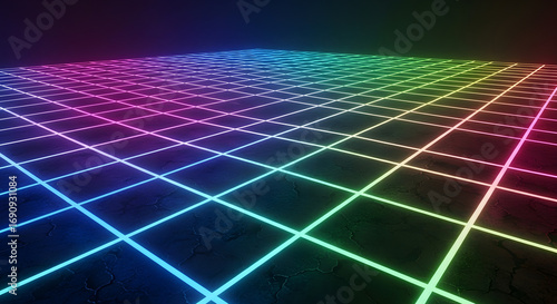 Infinite virtual reality landscape with a vibrant, luminous grid pattern on a dark floor