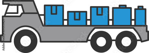 Truck transports blue boxes on flatbed trailer, symbolizing delivery and logistics in a simple, clean style, suitable for transportation themes.