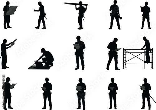 Construction worker silhouettes reading plans, measuring, and working on scaffolding, representing teamwork, building, safety, and accuracy at construction sites for architectural