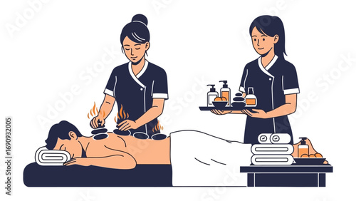 Two female spa therapists providing a relaxing hot stone massage and offering essential oils and lotions for a rejuvenating wellness experience