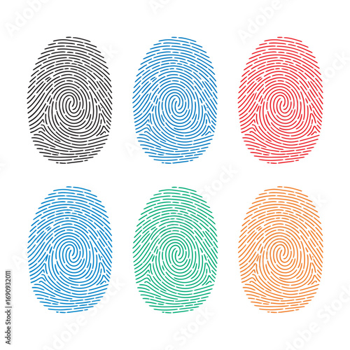 Collection of unique colorful thumbprint illustrations. Vector elements for biometric identification and security design