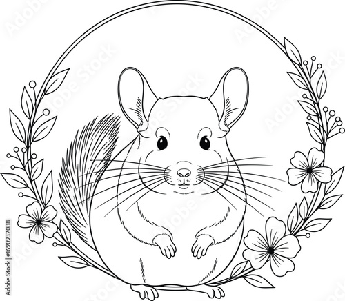 Elegant Chinchilla with Floral Frame – Line Art Vector Illustration