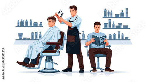 Skilled barber meticulously cutting hair of a seated client in a modern salon with shelves full of grooming products and another client reading