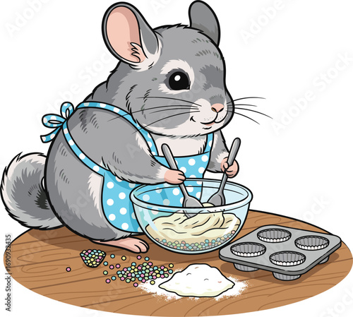 Cute Chinchilla Baking Cupcakes Cartoon Vector Illustration