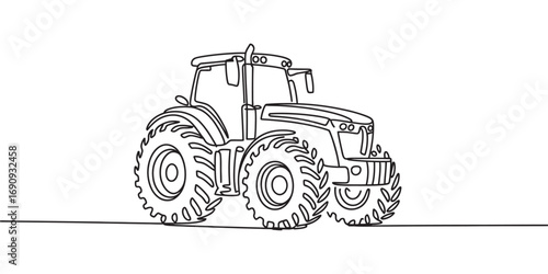 A single continuous line drawing of a modern farm tractor. Agricultural machinery concept in a minimalist, vector style for the farming industry