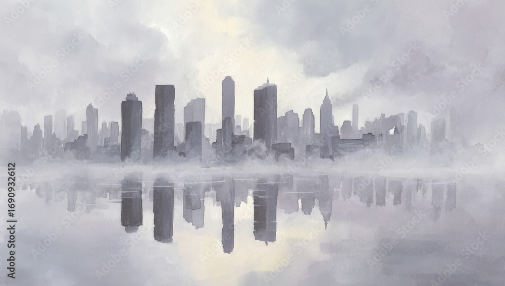 Fototapeta premium Misty city skyline reflected on water