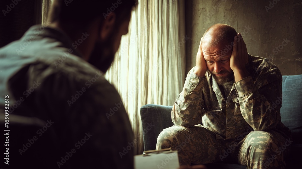 Fototapeta premium Military veteran in uniform struggling with stress during therapy session. Concept of PTSD, war trauma, mental health, depression, counseling, psychology, veteran support, therapy and emotional help.