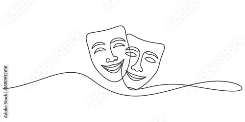 Continuous one line drawing of comedy and tragedy theatrical masks, a minimalist vector illustration for art and drama concepts