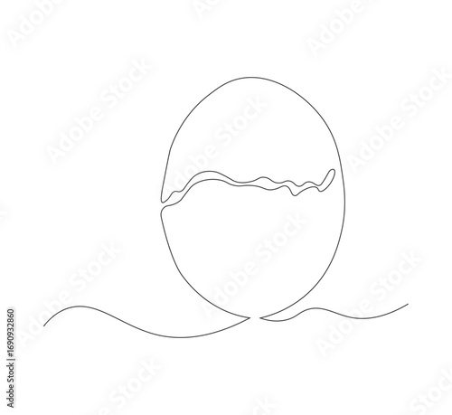 Draw one continuous line of a cracked egg shell. white background. One line organic farming products concept. Editable outline