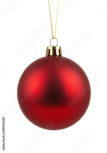 Shiny red holiday ornament hanging by a string, commonly used for decorating Christmas trees, isolated on white background.
