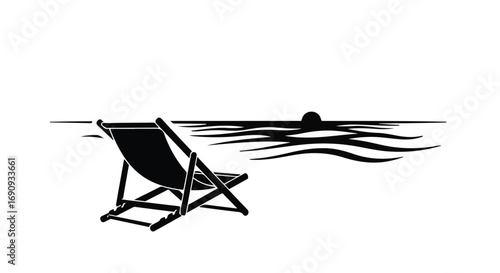 Solitary beach chair awaits peaceful sunset over calm ocean waves