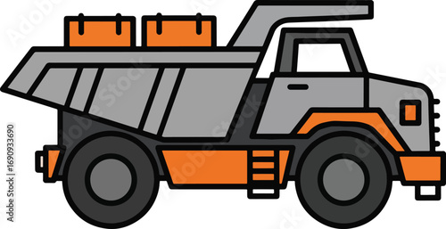 Gray and orange dump truck transporting materials on construction site, symbolizing industrial activity and heavy machinery, presented in a clean, modern style.