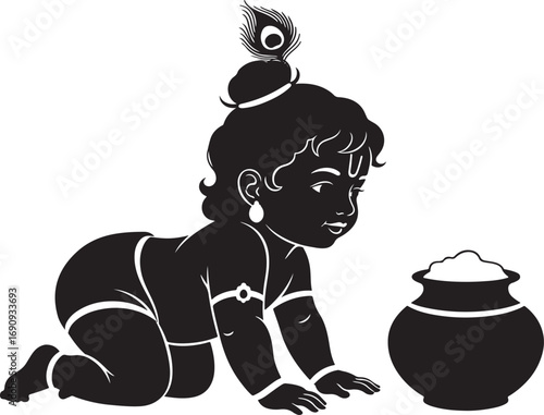 Baby Krishna silhouette crawling towards a butter pot with peacock feather hindu god infant krishna