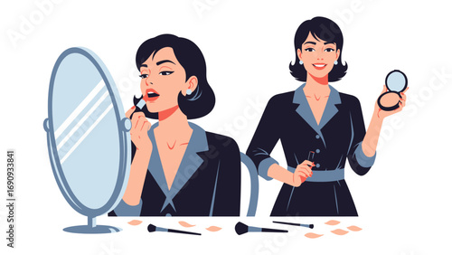 Businesswoman applying makeup in a mirror and holding cosmetics preparing for work or an important event professional beauty routine