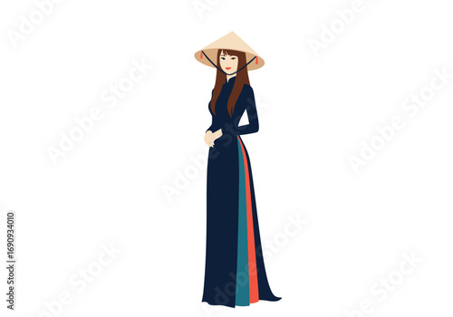 A young woman wearing a traditional vietnamese ao dai and a conical hat