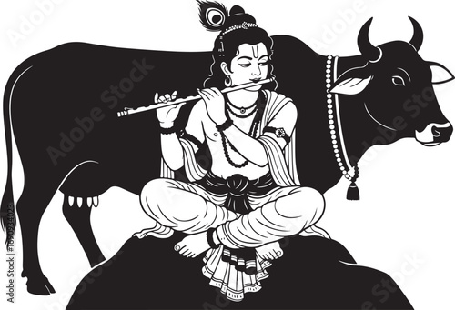 Krishna playing flute seated with cow behind him silhouette Hindu deity
