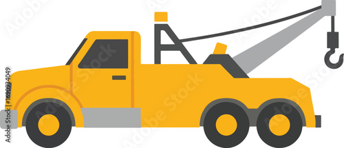 Yellow tow truck assisting on the road, providing roadside assistance with its crane and hook, symbolizing help and support in a simple style.