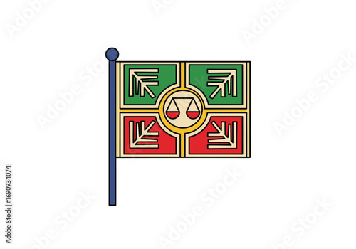 Justice and fairness symbol on a colorful flag with arrows representing progress and direction