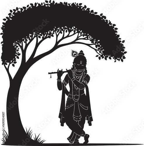 Krishna silhouette playing flute under a tree with peacock feather hindu god lord krishna