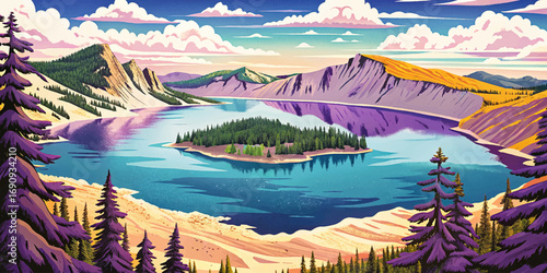 Crater Lake in Oregon, USA, formed in volcanic caldera, deep blue waters, famous natural landmark