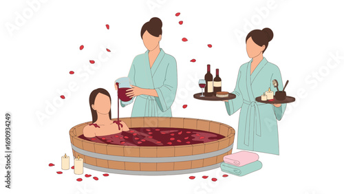 Relaxing woman enjoys a luxurious wine bath spa treatment with attentive attendants serving wine and refreshments in a serene spa setting
