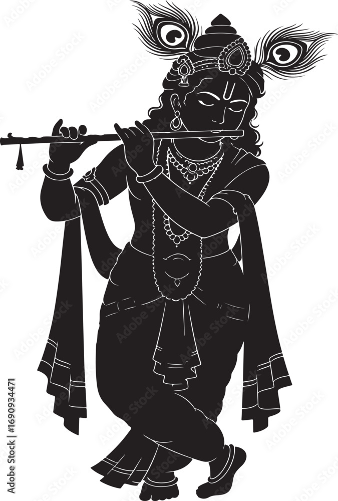 Fototapeta premium Silhouette of Hindu deity Krishna playing flute with peacock feathers vector illustration
