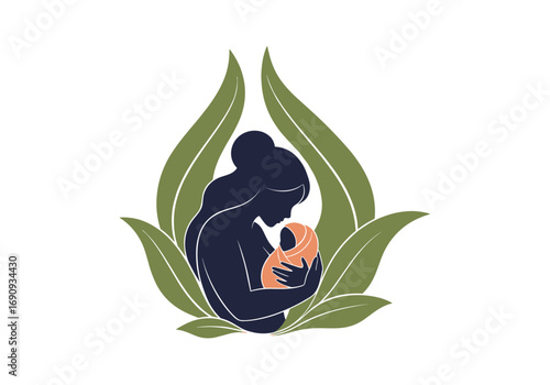 Nurturing embrace mother and child silhouette with green leaves