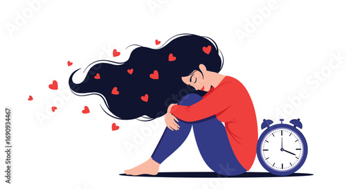 A person reflecting on past relationships with hearts floating around like memories through time